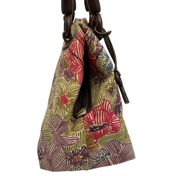 FOSSIL Floral Canvas Shoulder Bag w/ Leather Wood Trim Three Compartments - Picture 6 of 9